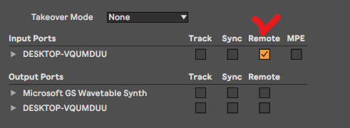 The MIDI ports in Live's Link, Tempo & MIDI settings: under Input Ports, the row named after the computer has its Remote box ticked; Track, Sync and MPE are empty.