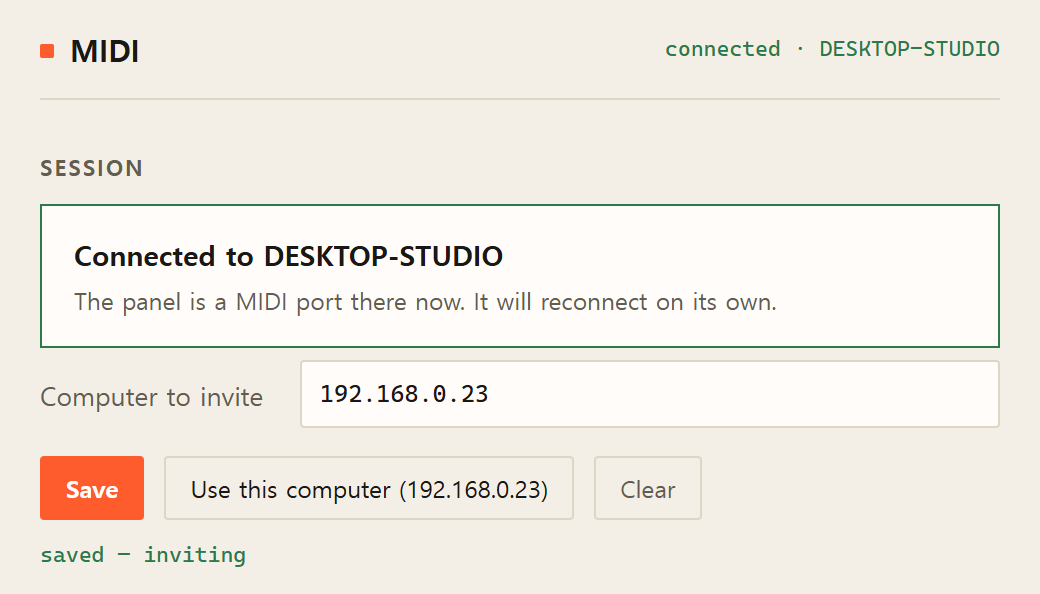 The Session section of the console's MIDI page: Connected to a computer, an address in the Computer to invite field, the buttons Save, Use this computer and Clear, and under them the words saved — inviting.