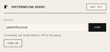 The top of the extension's popup: the corner badge reads Aud off, the line under the address says Audio-React is off, and a Turn on button sits under it.