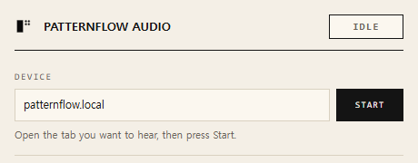 The top of the extension's popup: the corner badge reads Idle, and patternflow.local is in the Device field beside a Start button.