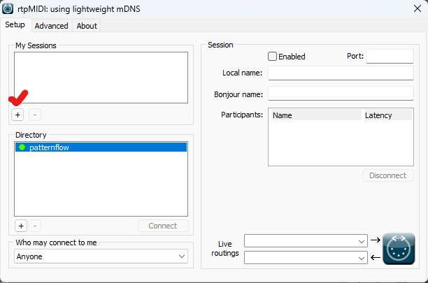 The rtpMIDI window: My Sessions is empty with a + button under it, and Directory lists patternflow.